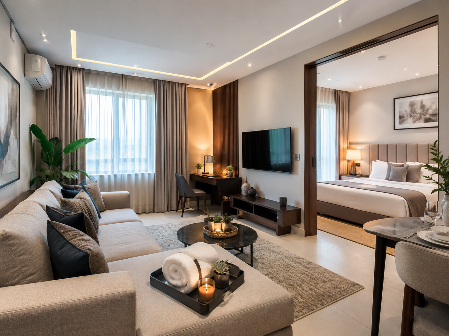 Furnished apartment living room and bedroom
