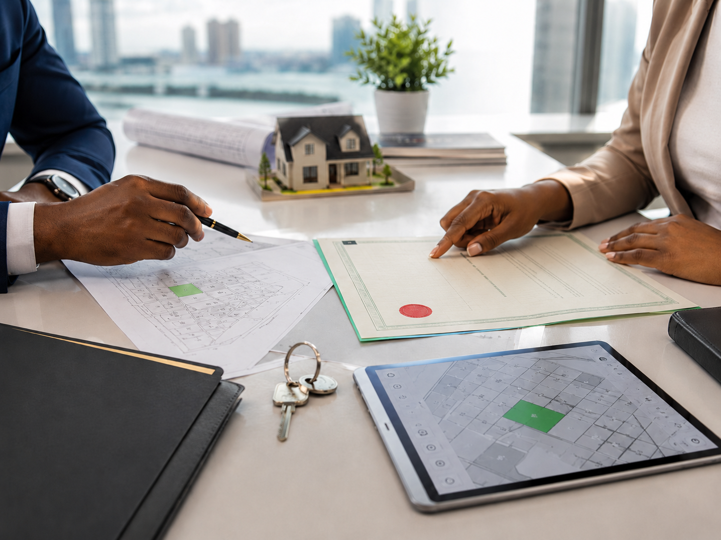 Property documents and plans on a consultation table